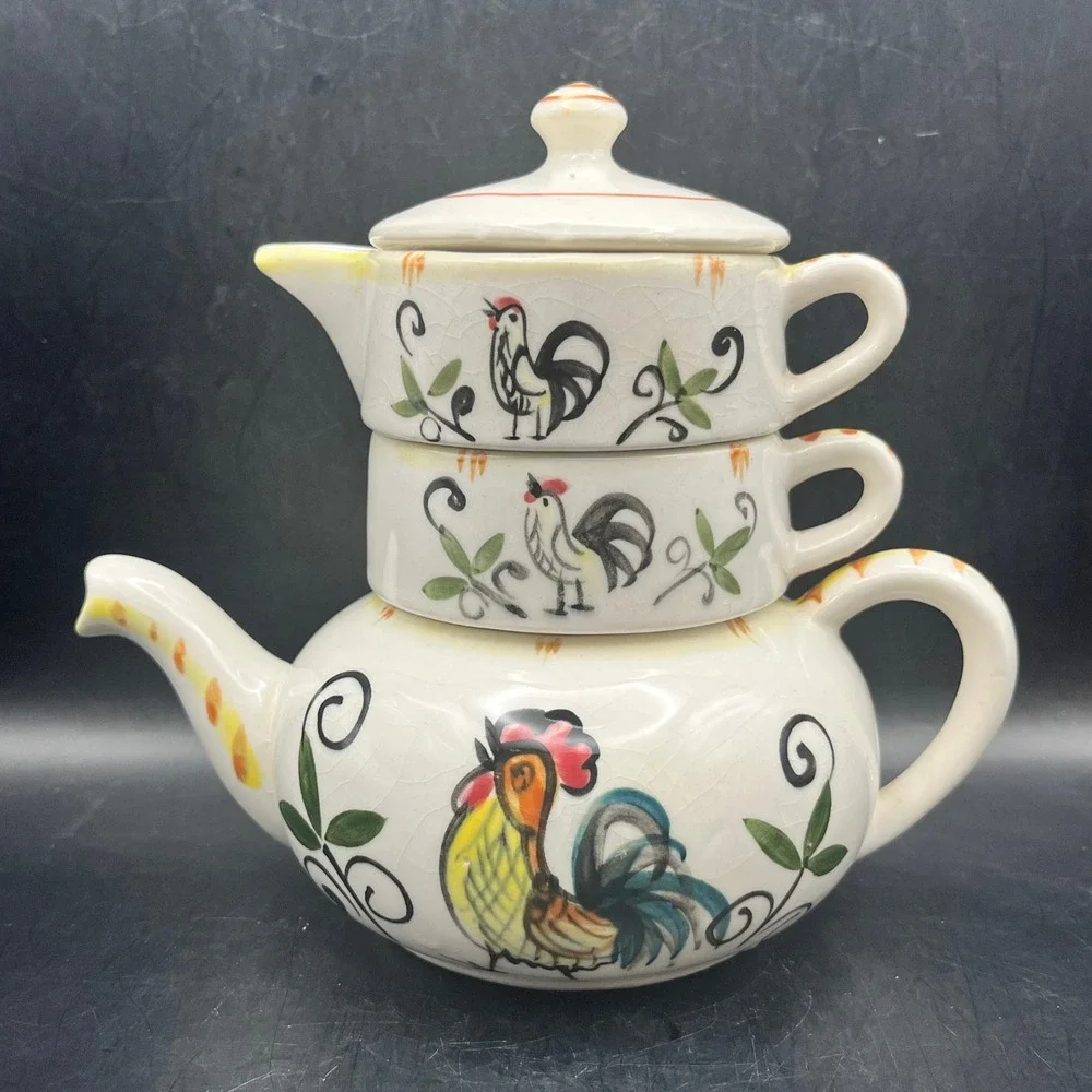 Vtg Stackable Rooster Tea For‎ One Set Ceramic Teapot Creamer Sugar 6